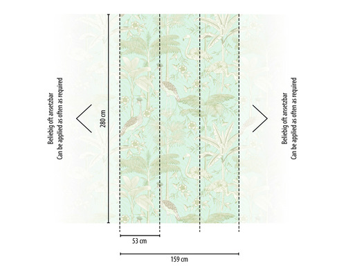 Afmetingen van een behang met vogel- en plantmotief, 280 x 159 cm