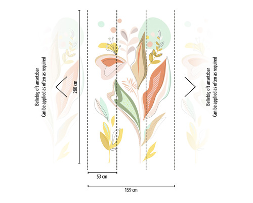 Vliesbehang met abstract plantenmotief en de afmetingen 280 bij 159 centimeter.