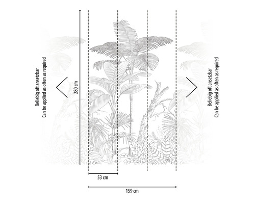 Illustratie van een vliesbehang met jungle motief, afmetingen 159 bij 280 centimeter