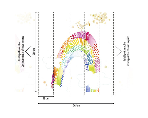 Fotobehang met regenboogmotief en maatvoering.