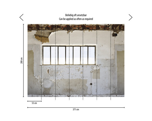 Fotobehang met stenen muur en raam, afmetingen 371 bij 280 cm