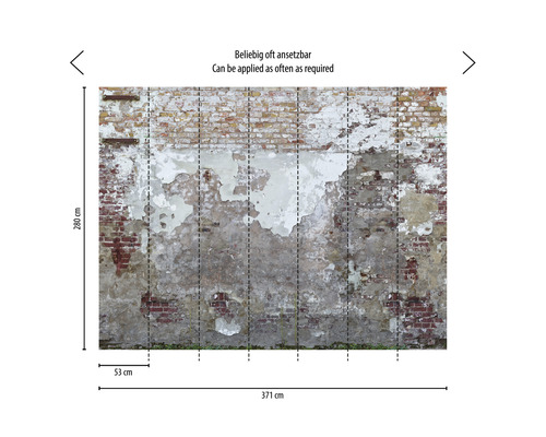 Fotobehang met bakstenen muurpatroon en afbladderende verf, herhaaldelijk aan te brengen, 280 x 371 centimeter