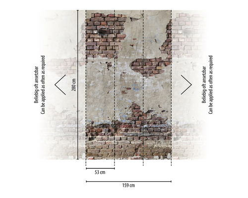 Fotobehang met bakstenen muurmotief en beschadigingen, afmetingen 159 bij 280 centimeter