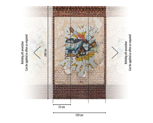 Fotobehang met graffitimotief en maatvoering op een bakstenen muur
