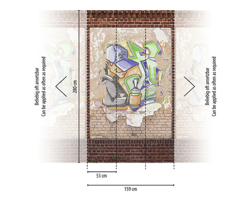 Fotobehang met graffitimotief en maatvoering op een bakstenen muur