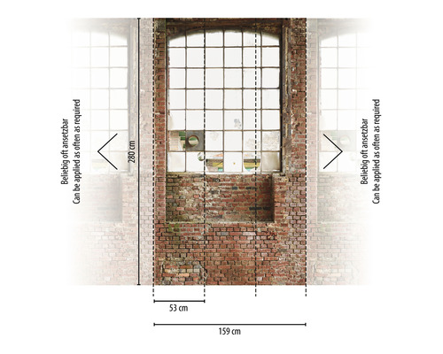 Fotobehang met bakstenen muur en raam, afmetingen 159 x 280 cm