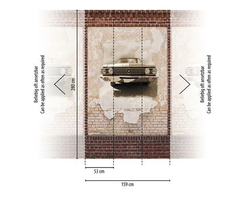 Fotobehang met oldtimer motief op een bakstenen muur, afmetingen 159 bij 280 cm