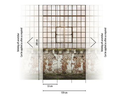 Fotobehang met metselwerk en raampartij, afmetingen 159x280 cm