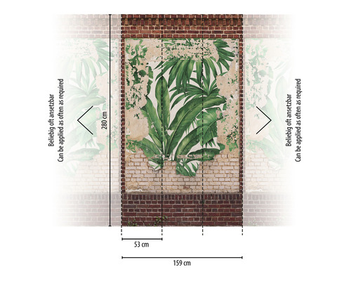 Fotobehang met baksteenpatroon en plantmotieven, herbruikbaar, afmetingen 159 bij 280 cm