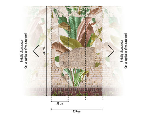 Fotobehang met bakstenen muur en tropische planten, afmetingen 159 cm breed en 280 cm hoog
