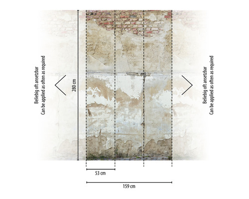 Afmetingen van een fotobehang met stucwerklook: 280 cm hoog, 159 cm breed, afzonderlijke banen zijn 53 cm breed.