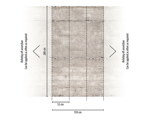 Maataanduidingen voor een behang met betonlook: 280 cm hoog, 159 cm breed, 53 cm patroon