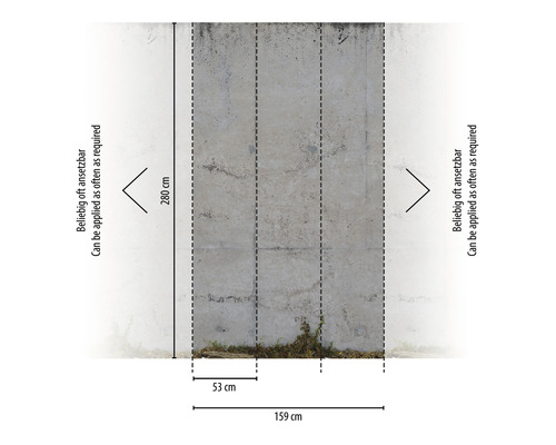 Afmetingen van een betonnen wandbehang met een hoogte van 280 cm en een breedte van 159 cm
