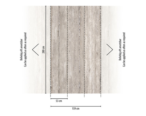 Afmetingen van een behang met betonlook, 280 cm lang en 159 cm breed