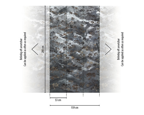 Behangpatroon met boommotieven en de afmetingen 280 x 159 cm