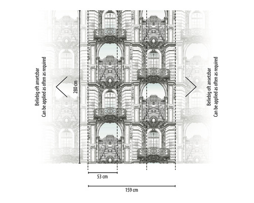 Behang met gevelpatroon en maatvoering 280 cm hoog en 159 cm breed