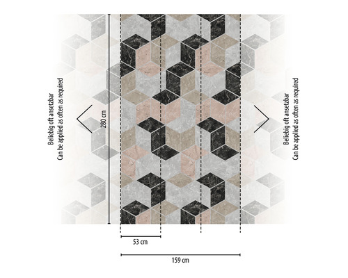 Behang met geometrisch kubuspatroon en maatindicaties