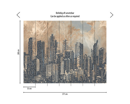 Wandafbeelding met skyline motief en maatvoering