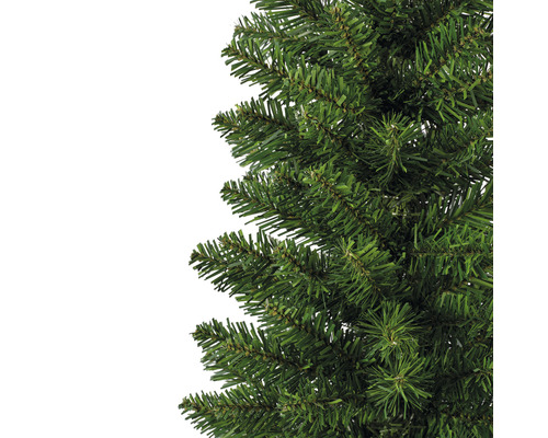 Detailopname van een kunstmatige kerstboom met groene naalden.