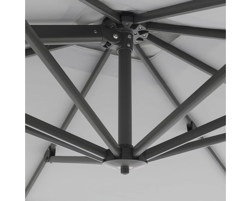 Detailaanzicht van de onderkant van een parasol met metalen frame