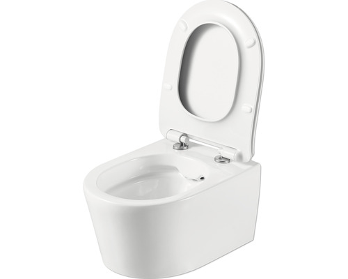 Wandbidet van sanitair keramiek met open toiletdeksel
