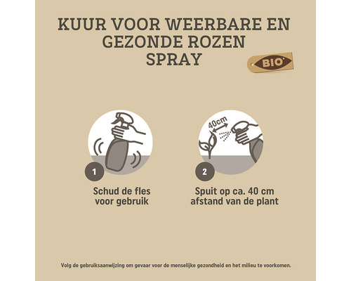 Instructies voor rozenverzorgingsspray: schudden voor gebruik en spuiten op 40 centimeter afstand van de plant.