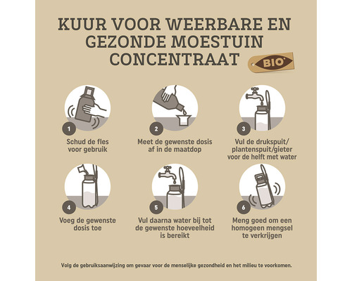 Instructies voor het gebruik van een kuur voor een weerbare en gezonde moestuin concentraat in zes stappen.