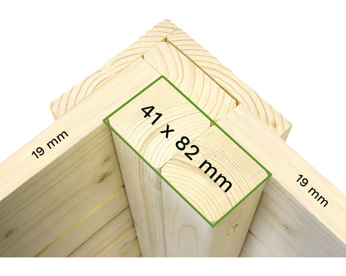 Houten constructie met de afmetingen 41 x 82 millimeter en 19 millimeter