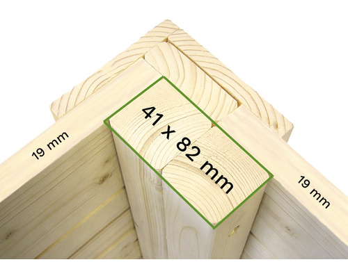 Detailweergave van een houten frame met de afmetingen 41 x 82 millimeter en 19 millimeter