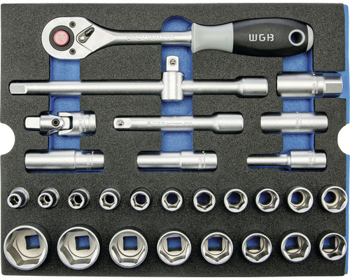 WGB doppenset met ratel, verlengstukken en doppen in schuiminleg