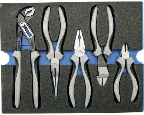 Tangenset met waterpomptang, combinatietang, zijkniptang, telefoontang en kabelknipper in gereedschapskoffer