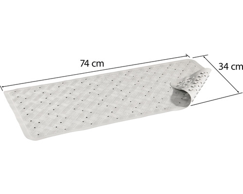 Rechthoekige badmat met afmetingen van 74 bij 34 centimeter.