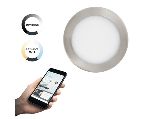 Ronde plafondlamp met dimfunctie en instelbare lichtkleur, plus smartphone in de hand