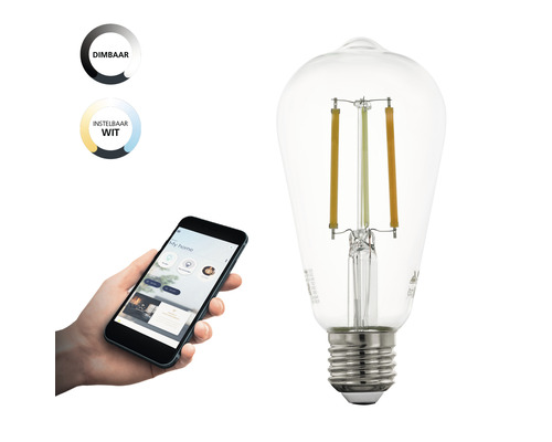 Slimme gloeilamp met dimfunctie en instelbare kleurtemperatuur, bedienbaar via smartphone