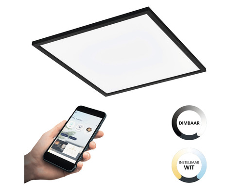 Vierkante plafondlamp met zwart frame en smartphonebediening