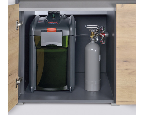 Aquariumkast met extern filter en CO2-fles