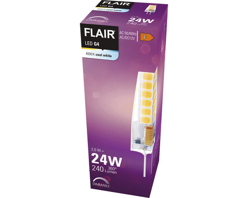 Verpakking van een dimbare Flair LED G4 lamp met 2,5 watt, equivalent aan 24 watt en 240 lumen