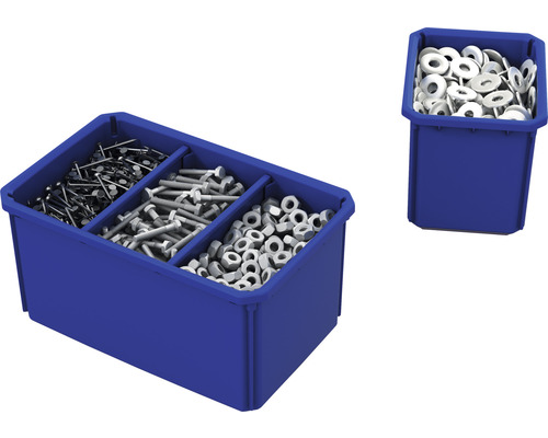 Blauwe sorteerdoos met spijkers, schroeven, moeren en ringen