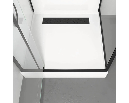 Vierkante douchebak met zwarte afvoergoot en zwart frame