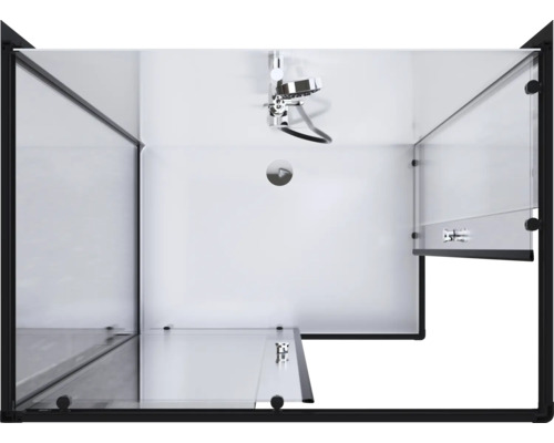 Bovenaanzicht van een douchecabine met glazen deuren en zwart frame, inclusief douchekop en kraan