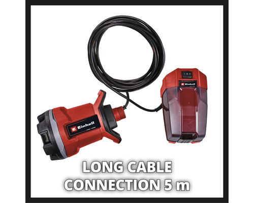 Einhell Logo. Vuilwaterpomp met kabel van vijf meter en batterijbehuizing