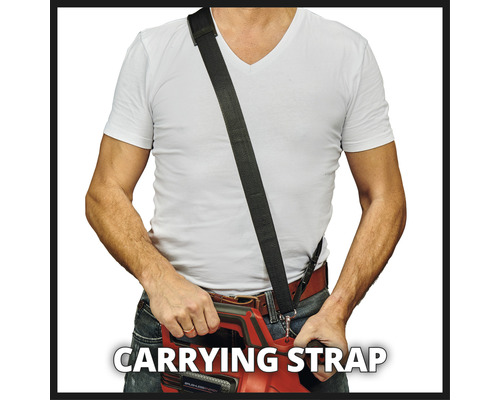 Persoon met een draagriem bevestigd aan een gereedschap