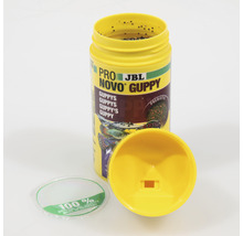 JBL Novo Guppy visvoer in gele container met geopende deksel