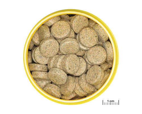 Visvoedingtabletten in gele container