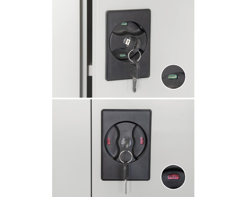 Kastdeurslot met sleutel in open en gesloten stand