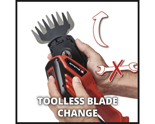 Einhell-logo. Afbeelding toont het vervangen van een grasschaar zonder gereedschap.