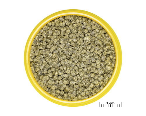 Visvoergranulaat in gele container