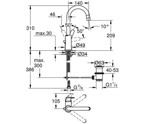 Technische tekening van een kraan met afmetingen