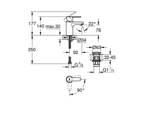 Maatschets van een kraan met de bijbehorende afmetingen in millimeters
