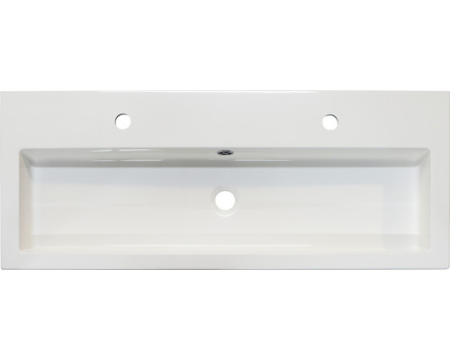 Wastafel van sanitair keramiek met kraangaten en overloop